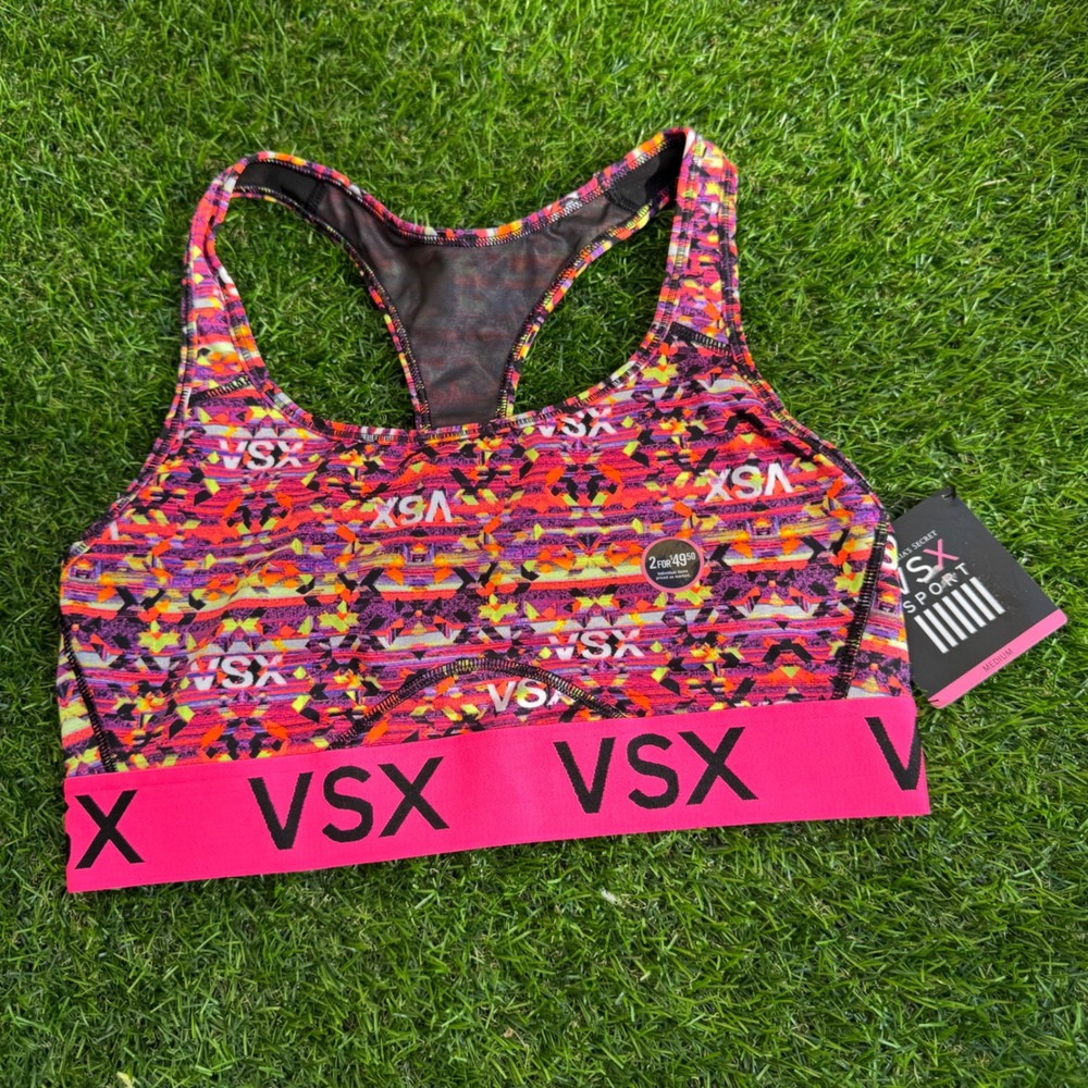 Victoria's Secret VSX The Player Sports Bra Medium Pink Multicolor Racerback NWT